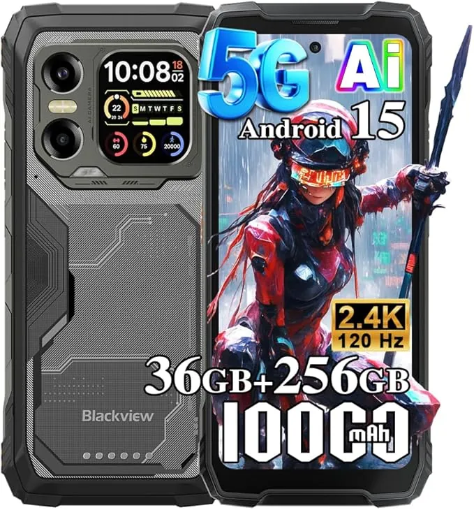 Blackview Xplore X1 5G Movil Irrompible Android 15, 36GB+256GB/TF 2TB AI Teléfono Móvil, 6,78" FHD+ &2,01", 10000mAh, 108MP+50MP Visión Nocturna, Móvil Rugerizado IP69K, Gemini AI, NFC, OTG, Negro