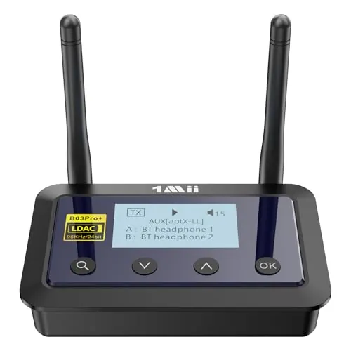 1Mii B03Pro+ Transmisor Receptor Bluetooth 5.3 LDAC para TV, Emisor Adaptador Bluetooth Audio HiFi aptX HD/Baja Latencia con Pantalla LCD, Salidas/Entradas Óptica/ 3,5mm AUX, Largo Alcance