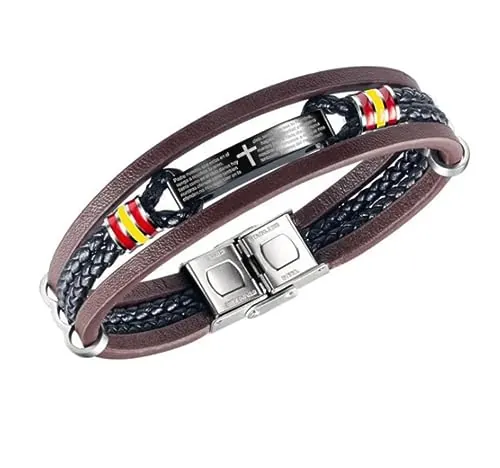 HOGALTHY Pulsera España hombre de cuero y acero inoxidable - Regalos Originales hombres- Pulseras con bandera española de 21 cm con cierre de seguridad - Brazalete cruz padre nuestro