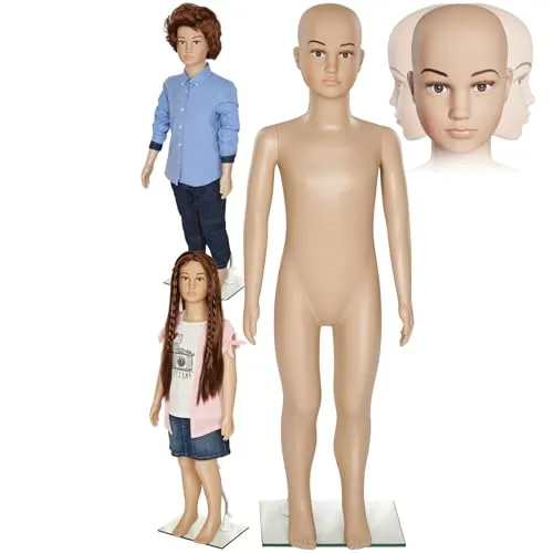 tectake® Maniquí, Giratorio y Móvil, Base de Cristal, Cabeza Reclinable, Brazos Móviles, Proporciones Reales, Robusto, Peso Ligero, Maniqui Regulable, Busto Maniqui - Niño