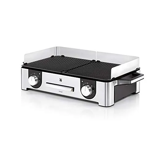 WMF Lono - Mastergrill, Parilla Eléctrica 2400W, Superficie Antiadherente, 2 Placas Desmontables con Regulador Temperatura Individual, Acabados de Acero Inoxidable Cromargan, Color Plateado/Negro