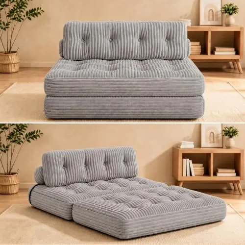 Xbro Sofá Cama Plegable 2 Plazas, Sofá Convertible en Cama Sin Montaje, para Huéspedes y Espacios Pequeños, Tela de Pana con Relleno de Espuma, 180×130 cm (Gris Claro)