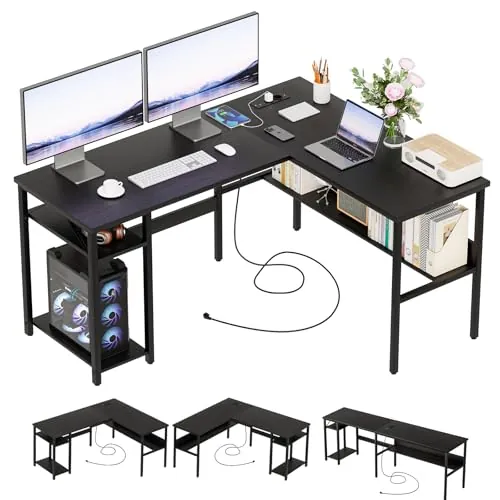 Homieasy Escritorio en L 128cm con Enchufes y USB, Negro