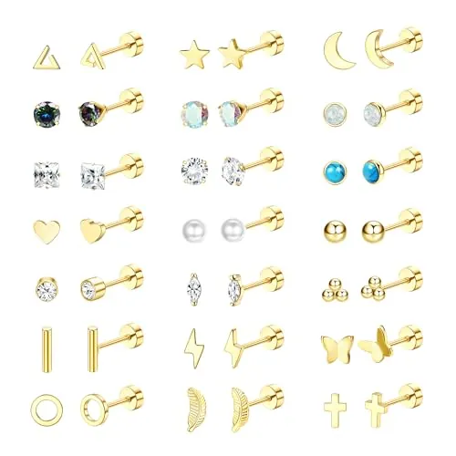 Diamday 21 Pares Pendientes Acero Quirúrgico Mujer Hombre Piercing Oreja Hipoalergénicos Pendientes Pequeños Mujer Piercing Cartilago Tragus Juego Joyería Plata/Oro