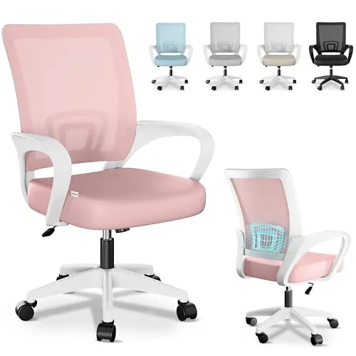 JUPPLIES Silla Escritorio Ergonomica - Silla Oficina con Apoyo Lumbar, Estructura de Plastico, Malla Transpirable, Ruedas Giratorias 360° Soporta hasta 110kg (Rosa)