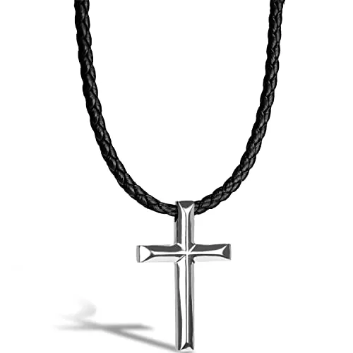 SERASAR Collar de Cuero con Crucifijo para Hombre Cruz Muchacho Plata Masculino 50cm Joyas Hombres Regalo Padre