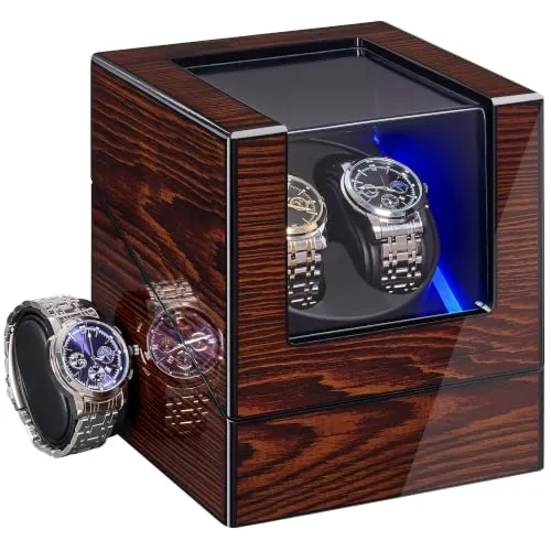 BEWISHOME Caja Automática Enrollador de Doble Reloj con Iluminación LED | Rotor Automático para Relojes con Motor Silencioso de Madera, 4 Modos, Batería o Adaptador Tipo C, Marrón ESYQ02Y