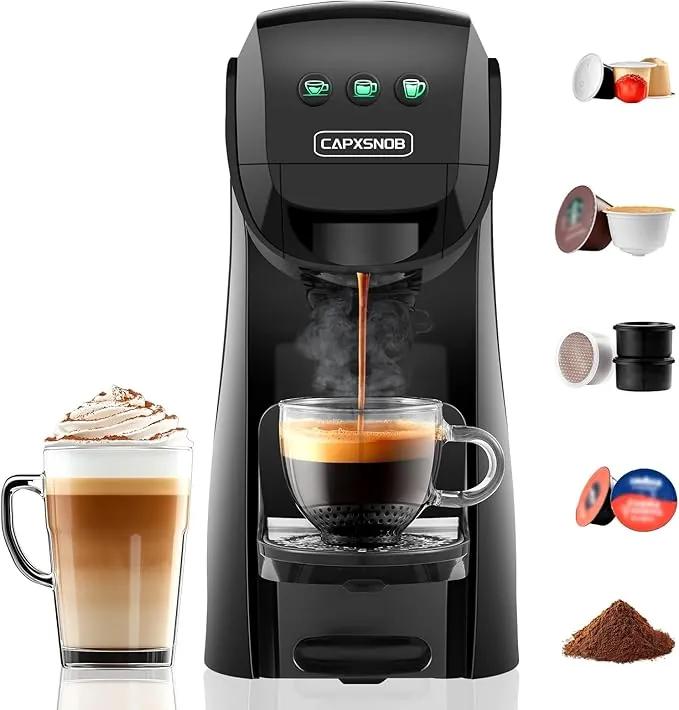 Warriors1 Cafetera Capsula 5en1 para Dolce Gusto, Nespresso, Lavazza A Modo Mio, Expreso Point y Café Molido, 20bar, 0,8L, Automática y Compacta Máquina Multicápsula, Multibebida para Hogar y Oficina