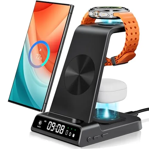 Cargador Inalámbrico para Samsung S26 Ultra/Z Flip8, Galaxy Watch 8/Ultra | Estación de Carga Inalámbrica para Galaxy S26/S25/S24/Z Flip7/Watch 8/8 Classic/Ultra/7, para Galaxy Buds4 Pro, Sin Adaptador