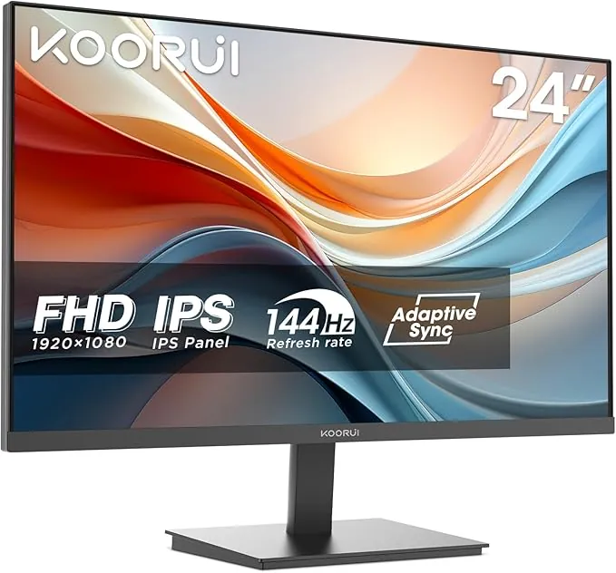 KOORUI E2411K Monitor Full HD de 24 Pulgadas, 144Hz, IPS, 1080P, 99% SRGB, Adaptive Sync, VGA, HDMI 1.4, Eye Care, Inclinación Ajustable, VESA 100x100mm