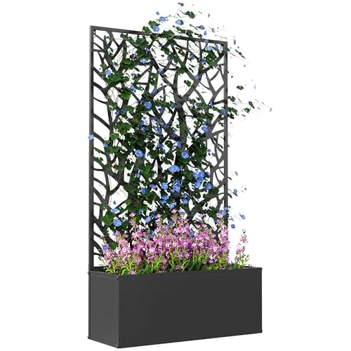 Outsunny Jardinera Exterior de Metal con Pantalla de Privacidad de Hojas Decorativas para Patio y Terraza - Montaje en Pared o Independiente 61x23x113 cm Negro