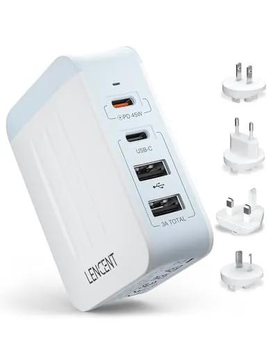 LENCENT Cargador de Pared 45W, Adaptador de Viaje con 2 PD Tipo-C + 2 USB-A | Cargador Mundial Móvil con UK US EU Europa Australia, Enchufes Internacional para Móviles, Tabletas, Portátil, Tipo A C G I