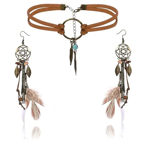 LOLIAS Atrapasueños Pendientes Bohemios Retro de Gota de Pluma con Collar de Cuero para Mujeres Marrón Largos Joyas