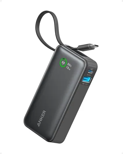 Anker Nano Power Bank 10.000 mAh Powerbank con Cable USB-C Integrado, PD 30 W de Potencia Máxima con 1 x USB-C & A, Compatible con iPhone 17/16/15/14 Series, MacBook, Galaxy, iPad, AirPods y más