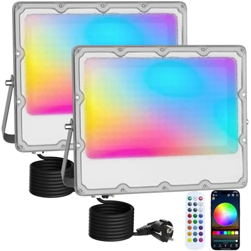MEEKBOS 2 Piezas Foco LED RGB Exterior, 150 W, Regulable, Cambio de Color | 15000 lm, App Bluetooth y Mando de 2,4 GHz, IP66, 16 Millones de Colores y DIY Para Jardín, Fiestas, Pascua, Halloween