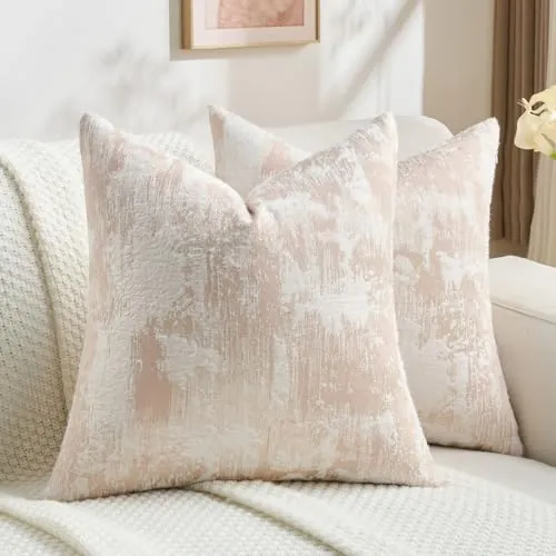 FUTEI Fundas de Cojín 50x50 de Tejido Jacquard Juego de 2 Rosa/Blanco | Relieve marmoleado, zonas tipo cachemira, tacto suave, cremallera oculta, deco elegante sofá salón dormitorio, sin relleno