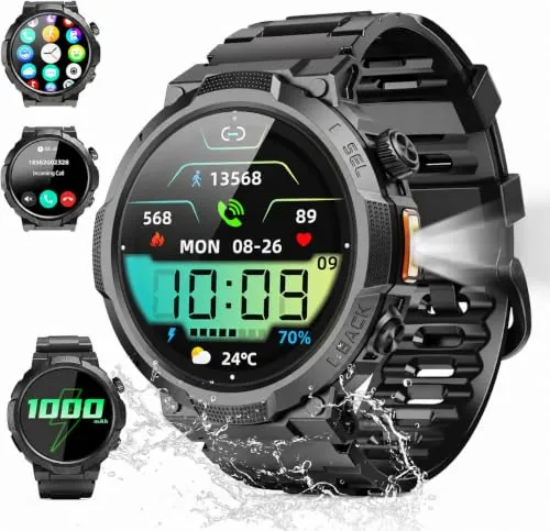 Reloj Inteligente Hombre con Linterna, 1.53'' Militar Smartwatch con Batería de 1000mAh, IP68 Reloj Deportivo con Llamadas Bluetooth/Monitor de Sueño/Pulsómetro, 100+Modos Deportivos para Android iOS