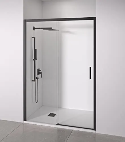 Mampara de ducha frontal 1 corredera + 1 fijo - sin perfilería inferior - Cristal transparente templado 6mm antical - Negro Mate - Ancho adaptable 105 a 110cm - Posición puerta derecha - Alto 195cm