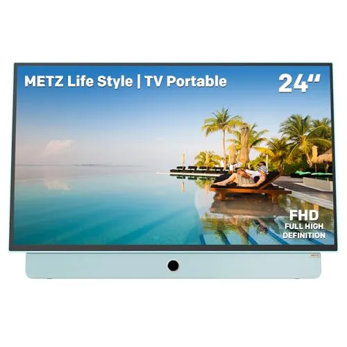Metz TV Portable 24 Pouces (60 cm) Smart Google TV FHD Avec Batterie Intégrée Poignée HDR 10 Chargeur Voiture 12V Ecran Anti-reflet Dolby Audio HDMI USB Bluetooth Wi-FI (24MPE7000 Bleu)