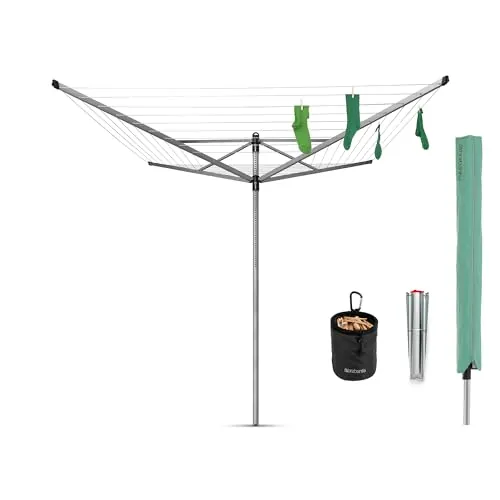 Brabantia - Tendedero Rotary Lift-O-Matic - con Soporte para jardín - Ajustarlo fácilmente a tu Altura - Cuerdas resisitentes a los Rayos UV - Antideslizantes - Metallic Gris - 50m