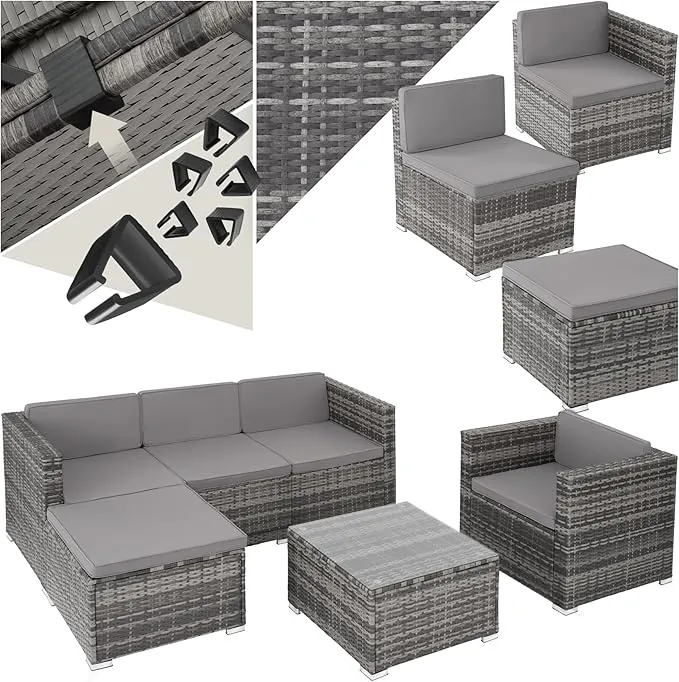 TecTake® Conjunto Jardín Combinable en Ratán y Acero 6 plazas, Conjunto Terraza Resistente a la Intemperie, Muebles Jardín Exterior 4 Sillones, 1 Mesa con Cristal, 1 Taburete, Fundas Extraíbles - Gris