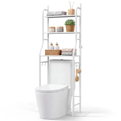 JUPPLIES Estanteria Baño sobre Inodoro (47×26×153 cm) – Mueble Baño Auxiliar de 3 Niveles de Metal con Patas Regulables y Soporte Antivuelco, Organizador para Toallas, Lavadora o WC - Blanco