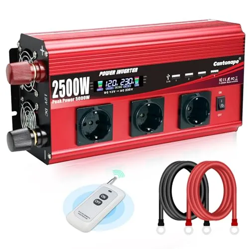 Cantonape Inversor de Corriente 2500W/5000W Onda sinusoidal modificada Transformador De 12v A 230v con 3 Tomas de CA y 4 x USB LCD, Control Remoto inalámbrico