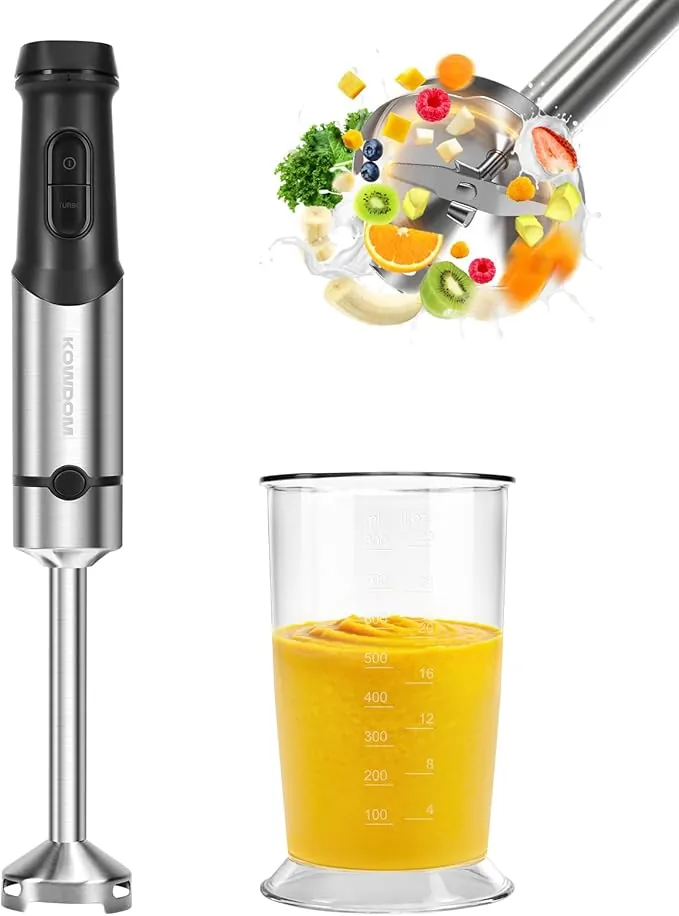 Batidora de Mano 1200W Eléctrica, 12 Velocidades + Función Turbo | Para Sopas, Salsas y Batidos | Vaso Medidor 800ml Incluido | Acero Inoxidable y Fácil de Limpiar