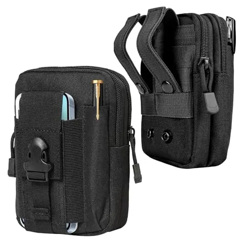 2 Piezas Bolsa Cintura Táctica, Molle Pouches Compacta Riñoneras Hombre EDC Bolsa Nylon Bolsa de Teléfono Bolsas Molle Tácticas Impermeable para Senderismo, Camping, Viajes, Ciclismo (Negro)