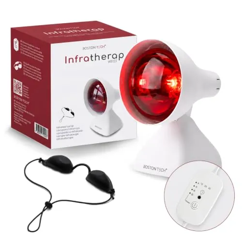 Boston Tech WE122 Lámpara de Infrarrojos 200W, Lámpara Infrarroja de Sobremesa para Termoterapia en Casa, Calor Localizado, Temporizador 10/20/30 Min, 3 Ángulos, Lentes Protectoras