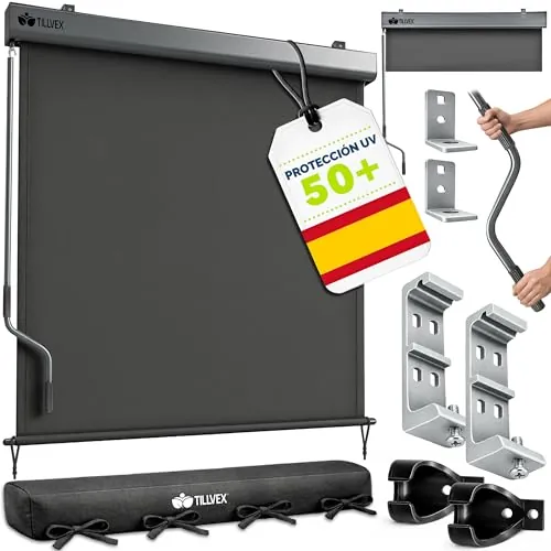 tillvex® Toldo Vertical de 160 x 250 cm para Exterior e Interior con Cubierta | Resistente al Agua con manivela para balcón, terraza y jardín | Estor para balcón, protección Solar de Aluminio