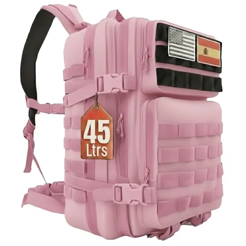 SPARTANFY - Mochila Crossfit hombre Militar | 45L Ideal para Gimnasio, Cabina Viaje,Camping, Mochila Táctica | Carga pesada, Bolsillo Interno | Mochila Supervivenvia y Montañismo (45L ROSA)
