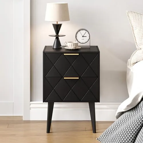 IRCPEN Mesitas de Noche Negras con Dos Cajones Bedside Table