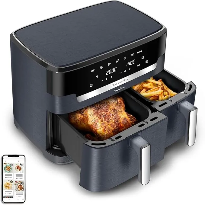 Moulinex XXL Dual Easy Fry 11L: Freidora de Aire de Doble Cesta +8 Personas, Dos cestas (6,5 L + 4,5 L),7 Programas Automáticos, EZ942BF0