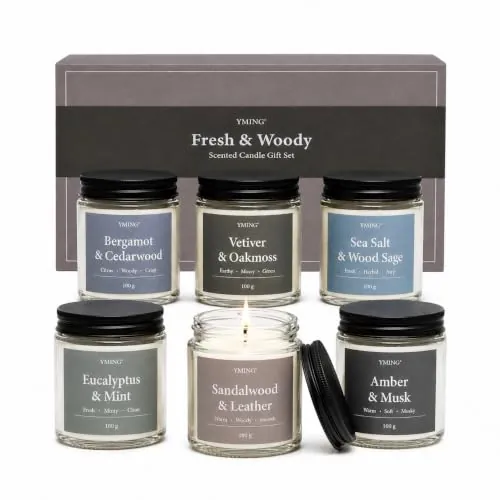 Set regalo de 6 velas aromáticas, 6 × 100 g de mezcla de cera de soja, aromas frescos y amaderados, regalo para hombre y mujer