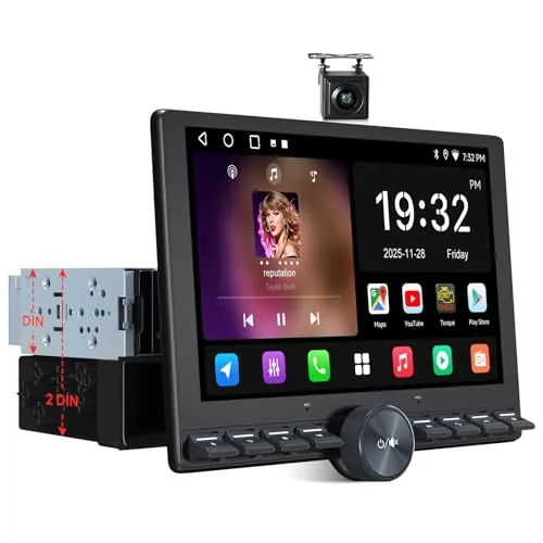 ATOTOZONE 10,1" FlexView Radio Android Adaptativo 1 DIN & 2 DIN, Pantalla Flotante ChatGPT AI Autoradio, Wi‑Fi/USB/Bluetooth, CarPlay y Android Auto Inalámbrico, EQ/DSP/RDS, Cámara Trasera