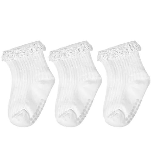 Aolso Calcetines para Bebés y Niños, 3 Pares Calcetines Antideslizantes para Niñas, Calcetine Tobilleros de Algodón con Volantes, Cómodo, Lindo y Transpirable para 0-1 Años, Blancos
