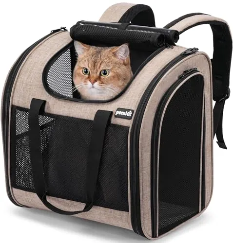 pecute Mochila transportadora para Gatos con diseño ventilado, Mochila Plegable para Mascotas para Gatos y Perros, Mochila para Perros con Correa de Seguridad, Caqui