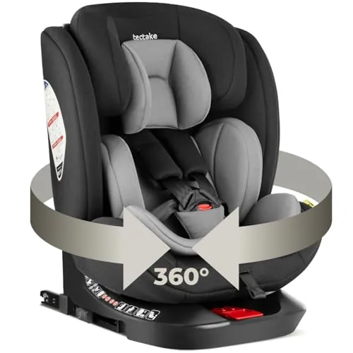 tectake® Silla de Coche Giratoria 360°, Uso Desde el Nacimiento Hasta 150 cm, Homologada i-Size con ISOFIX y Top Tether, Reposacabezas y Arnés de 5 Puntos Ajustables, Protección Lateral, Hasta 36 Kg