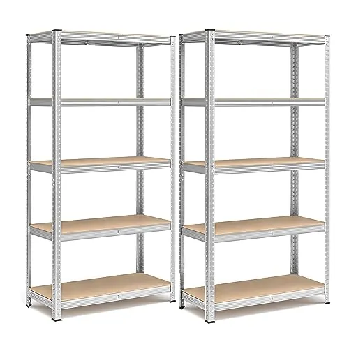 SONGMICS Juego de 2 Estanterías Almacenaje de 5 Niveles, Estantería Metálica, Modular, Garaje, Almacén, Trastero, Cocina, Carga de 875 kg, 40 x 90 x 180 cm, Plata GLR040E02