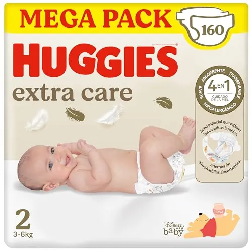 Huggies Extra Care Pañales para Recién Nacido con diseños Disney Talla 2 (3-6 kg) 160 pañales, con almohadillas suaves y 2 zonas absorbentes