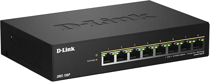 D-Link DMS-108P Switch PoE No Gestionado Multi-Gigabit de 8 Puertos – 2,5GbE, 230W, 802.3af/at/BT, Sin Ventilador, Plug & Play, Carcasa Metálica, IGMP Snooping, QoS, Ethernet Eficiente