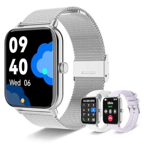 Reloj Inteligente Mujer, 1,85'' Smartwatch con Llamadas, 3 Correas, Pulsera Actividad Reloj Deportivo 100 Modos, Función Femenina, Podómetro Pulsómetro Monitor de Sueño, Android iOS Regalo (Plata)