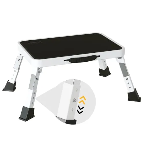 BONTEC Taburete Plegable con 3 Niveles y Plataforma Antideslizante y Patas de Goma Gruesas, Escalera Portátil para Adultos y Niños, Soporta hasta 150 kg, Cocina, Dormitorio, Blanco
