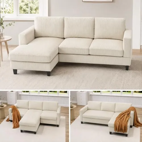 HOMCOM Sofá Chaise Longue Sofá de 3 Plazas de Pana para Salón 214 cm Beige