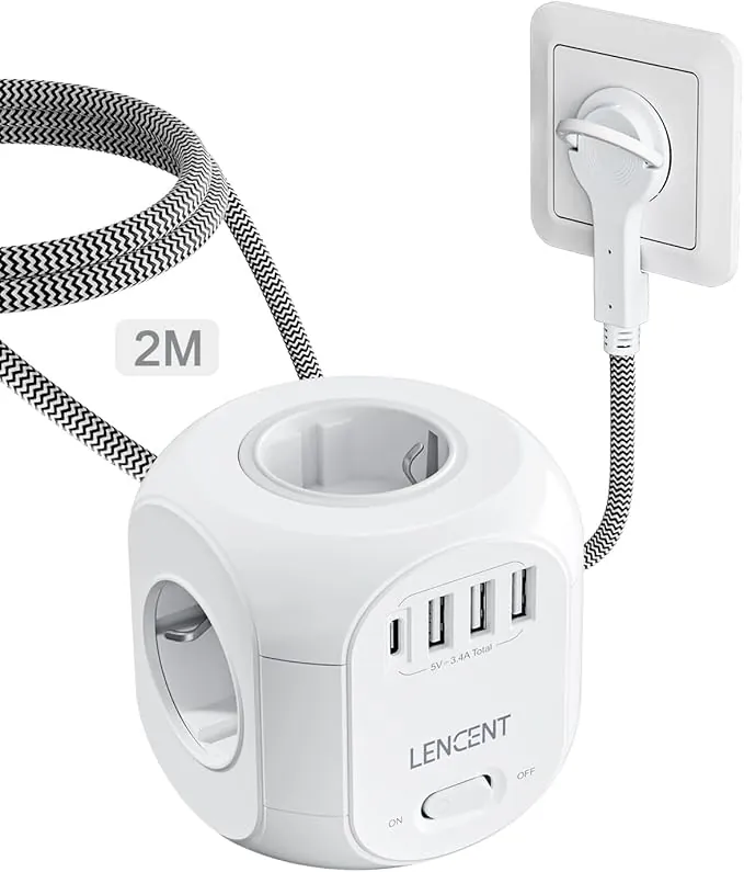 LENCENT Cubo Regleta Enchufes 2M con Enchufe Plano Regleta para Uso Interior, Regleta Enchufes Plano con 4 Tomas de CA, 3 USB y 1 Tipo C para Familia, Cocina y Oficina