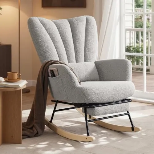 SONGMICS Silla Mecedora, con Reposapiés Retráctil, Patas de Madera | Sillón Mecedora, Cojín Extraíble, Bolsillos Laterales, Tejido de Felpa Teddy, Gris Paloma, Colección Teou LYY018G101