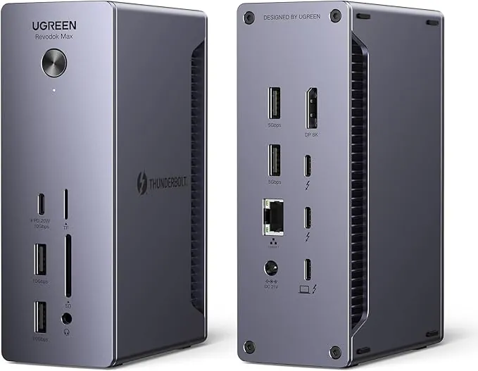 UGREEN Revodok MAX 213 Docking Station Thunderbolt 4 13 En 1 Hub USB C Displayport Doble Pantalla 4K60Hz 8K30Hz Adaptador Tipo C 3.2 10Gbps Ethernet Lector Tarjeta SD TF 3.5mm Alimentación DC 180W