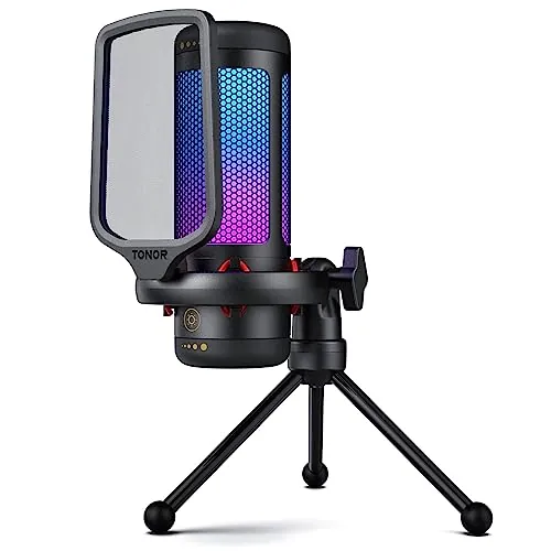 TONOR Microfono Gaming USB para PC PS4/5, Micrófono Condensador Cardioide | con Trípode para Podcast, Streaming, Studio, Ordenador, Mic RGB con Ajustable Modos y Brillo, Silencio Rápido, TC310