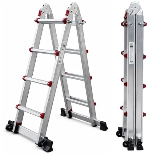 UZIRO Escalera Telescópica Plegable Articulada de Aluminio 4x4, Multiposición Extensibles 2,41 M, 4 Peldaños, Soporta hasta 150 KG, Plegable y Compacta, con Barra Estabilizadora y Ruedas